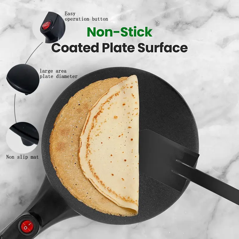 Non-Stick Electric Crepe Pancake Maker Frying Pan - Multi-Functional Large Area Home Baking Machine with Heat Control Operation Button for Breakfast, Bacon - Convenient Fast Home Supply