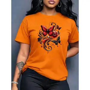100% Pure Cotton, Women's Insect Short Sleeve Red Butterfly Print Round Neck Casual Elegant Romantic Summer T-Shirt Fashion Commuting Vacation Daily Versatile Casual Top Multiple Colors Available