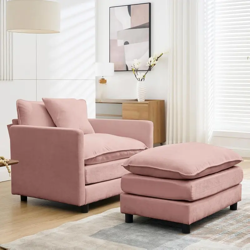 Chaise Lounge Chair Indoor with Ottoman, 56.3 "D Oversized Sleeper Chair, Chenille fabric Comfy Sofa for Bedroom, Living Room, Office, Apartment (Pink-56.3"- Single Seat & Ottoman)