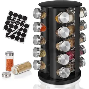 Spice Rack, Spice Rack Organizer for Countertop, Empty 20-Jars Rotating Spice Rack, Spinning Spice Rack Shelf, Revolving Spice Rack for Kitchen (Black) Baker Boutique