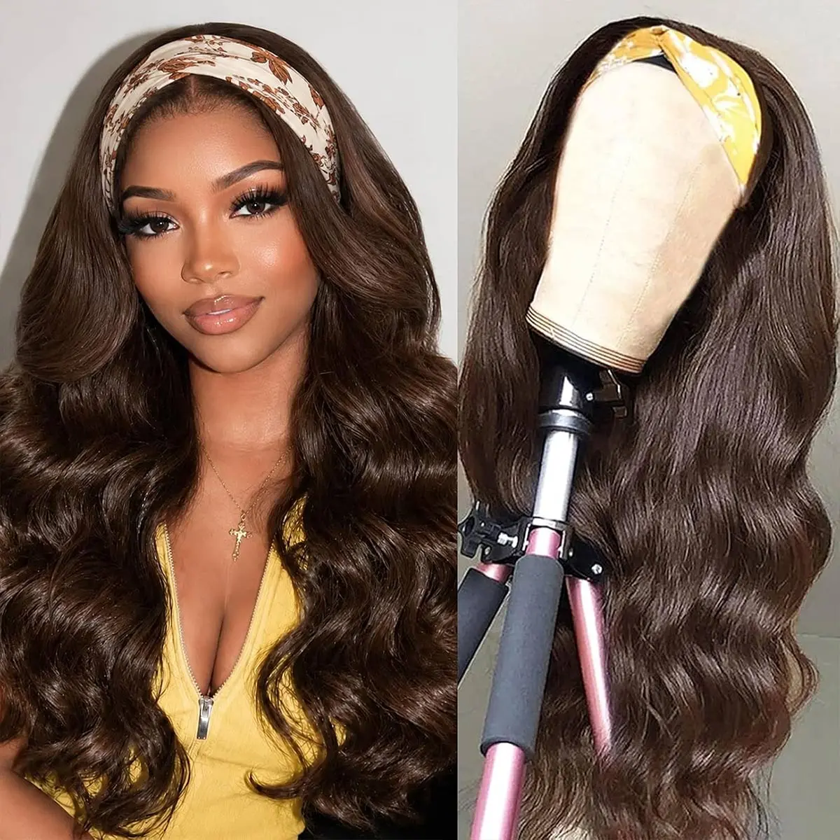 OQ HAIR #4 Chocolate Brown Headband Wig Human Hair Body Wave Wear and Go Wigs 220% Density Machine Made Headband Half Wigs