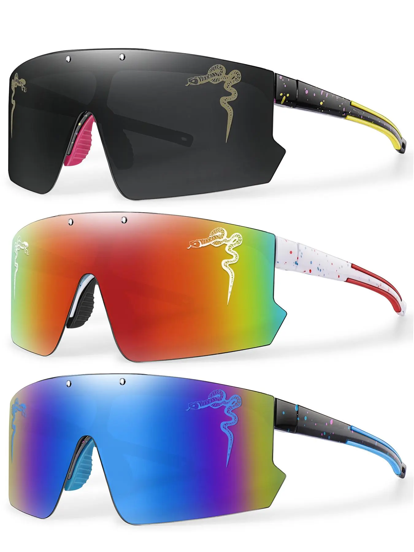 Unisex Snake Pattern Colorblock Flat Top Sunglasses Set, Outdoor Sports Sunglasses, Outdoor Cycling Eyewear, Tinted Lens Sunglasses for Cycling, Hiking, Running Outdoor Activities, Bike Glasses