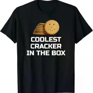 Men's Black Graphic T-Shirt - "Coolest Cracker In The Box" Bold Print Crew Neck, Classic Loose Fit Cotton Tee for Casual & Dressy Occasions, Machine Washable All-Season Wear