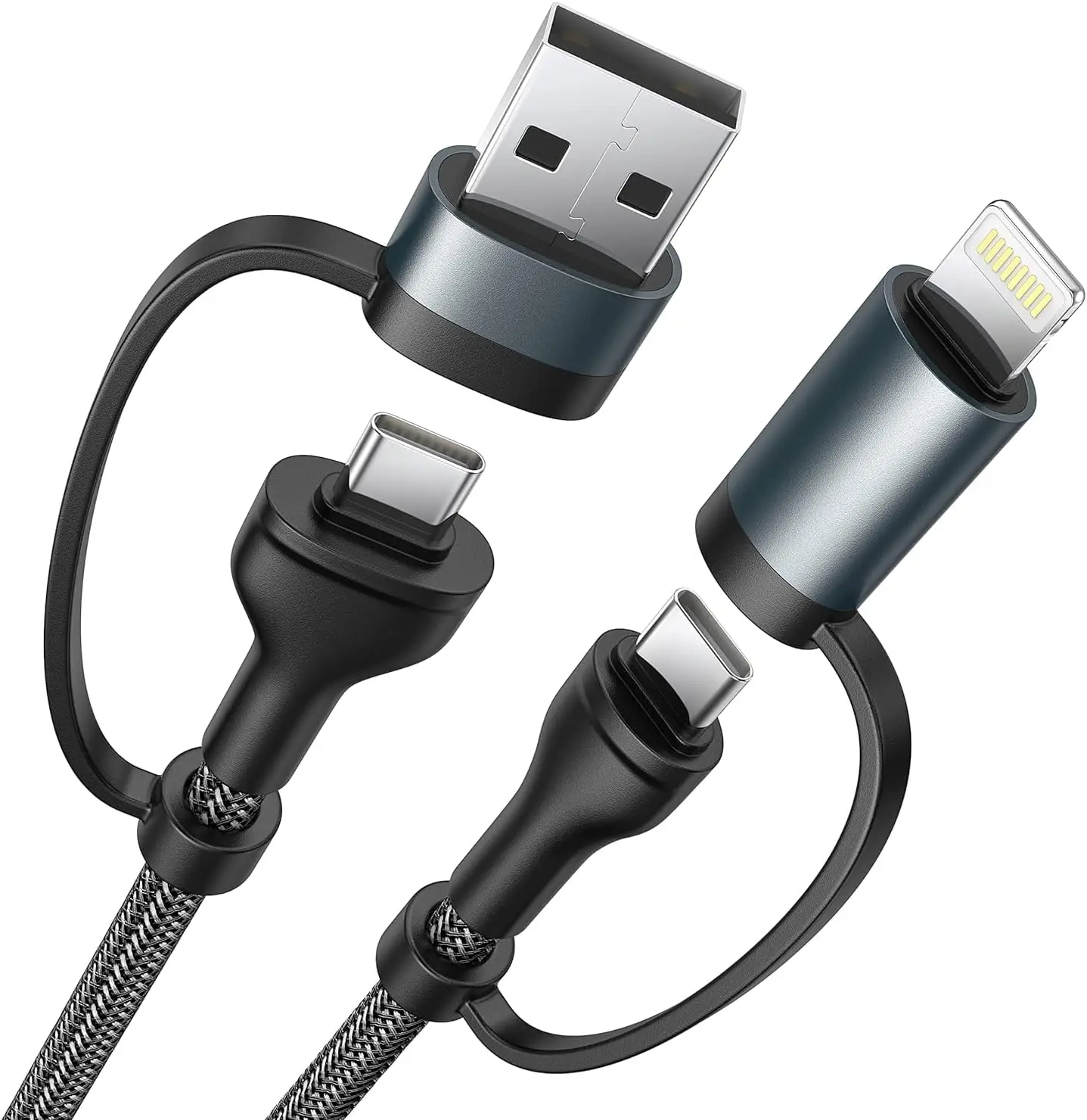 4-in-1 USB C Cable Lightning Cable 60W [Fast Charging & Data Sync] 6FT Multi IP-ad Charger Cable Charging Cord Lightning/Type C/USB A Ports for iPhone 16/15/15 Pro/15 Plus/15 14 Pro Max