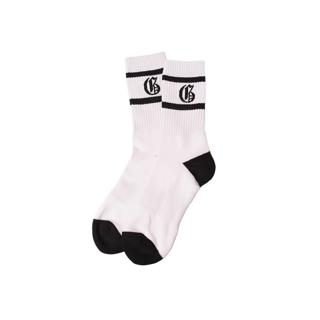 Gunthers Co Menswear Men's Classic Stylish Old G 'G' Logo White Mid-Calf Crew Socks - Casual Daily Socks, Letter Print, Comfortable Fit for Everyday Wear, Crewsocks, Letter Print Socks