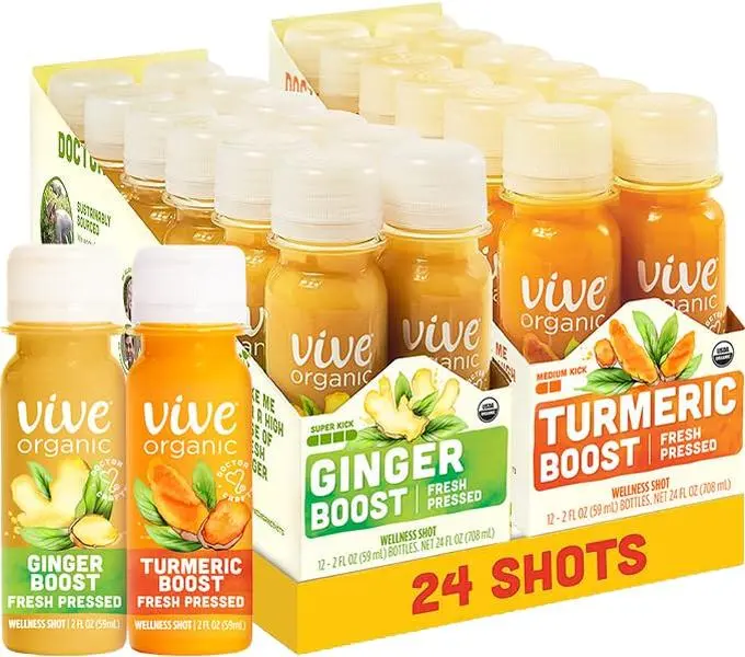 Vive 0rganiic Immune Support Ginger Shot + Turmeric Shot Variety Pack, Cold-Pressed Ginger Root & Turmeric, Gluten Free, Vegan, Immunity Booster, 2 Fl Oz (Pack of 24)
