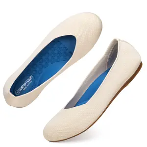 Flatgios Women's Ballet Flats Knitted Round Toe Flat Women's Walking Shoes Comfortable Casual Shoes Cream-8