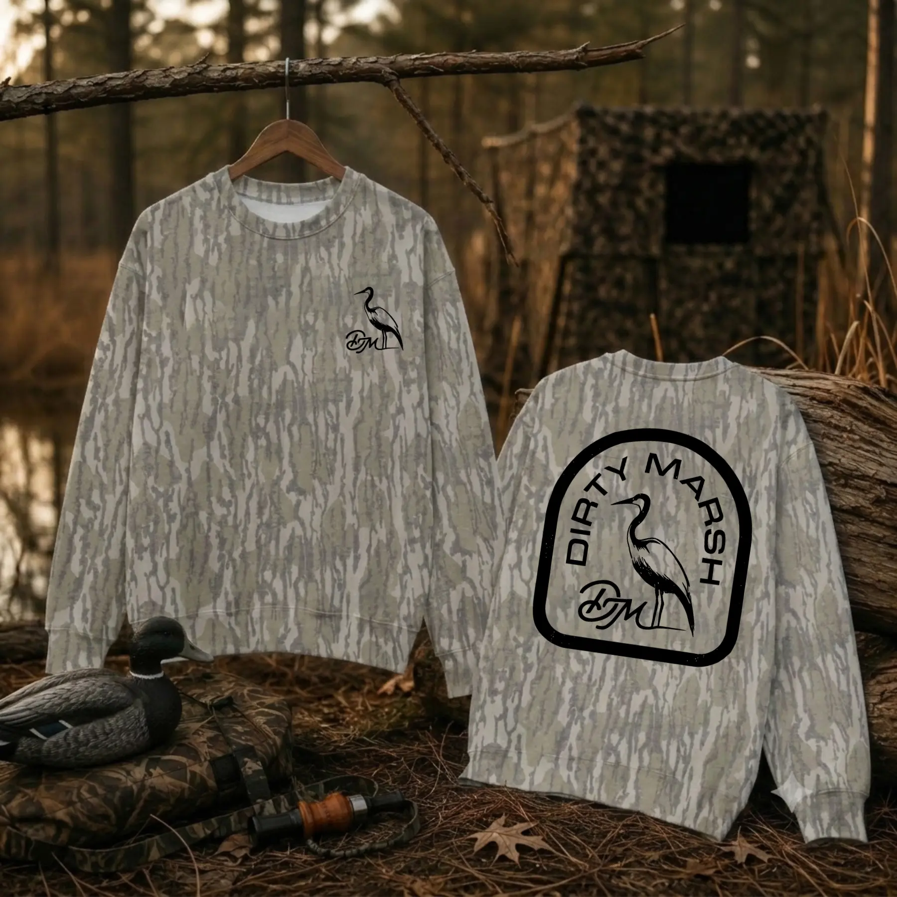 Dirty Marsh Heron Logo Camo Sweatshirt for Men, Bottomland Style Hunting Crewneck Pullover, Outdoor Waterfowl Graphic Sweatshirt