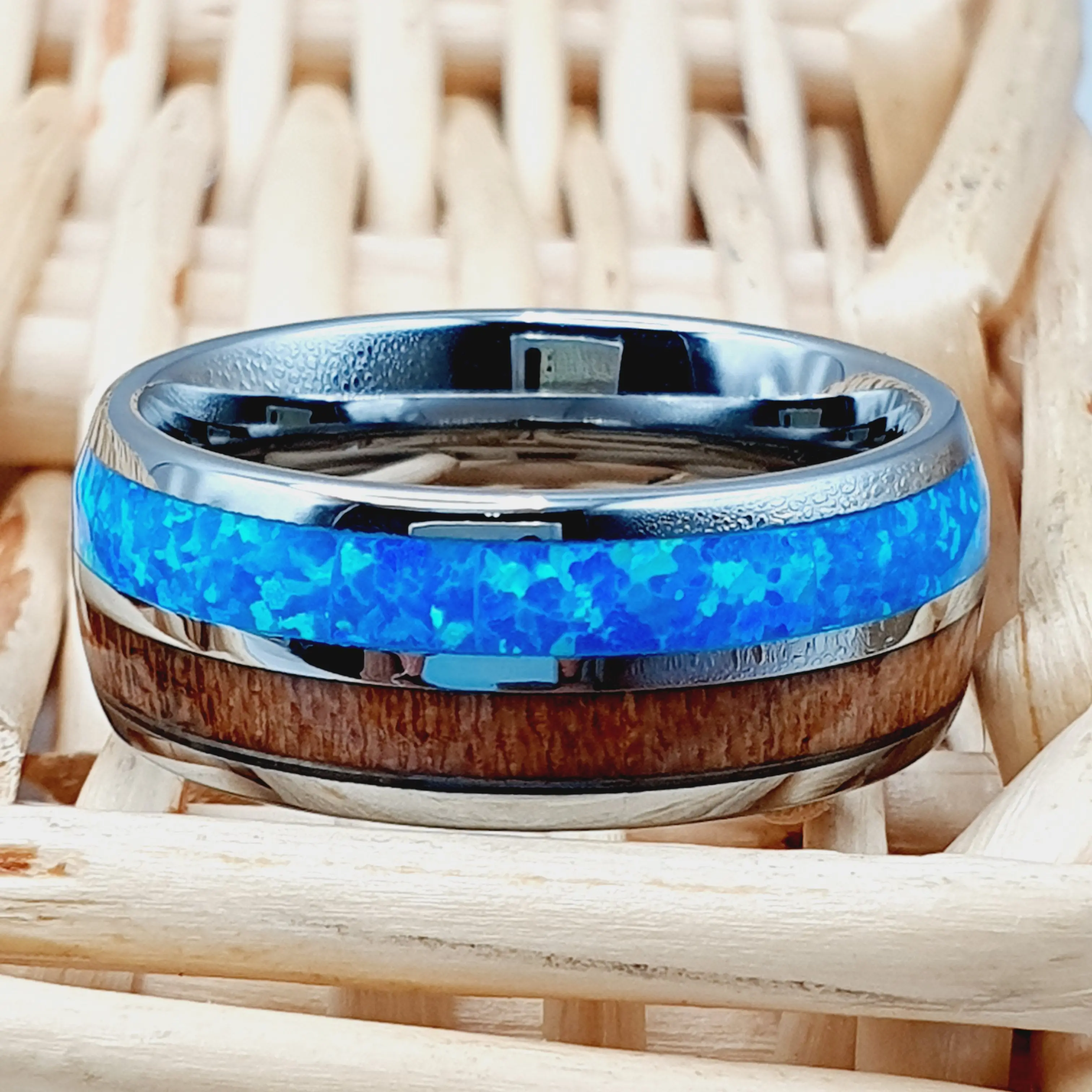 Men's and Women's Wood Wedding Rings - Custom Engraved Whiskey Barrel Ring with Opal Wedding Band