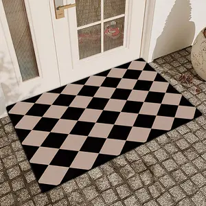 1 Pc Black Checkered Printed Door Mat With Linen Surface, Diatomaceous Earth, Anti Slip And Absorbent, Indoor And Outdoor Printed Door Mat, Kitchen, Dining Room, Bathroom, Bedroom Decoration, Holiday Home Decoration