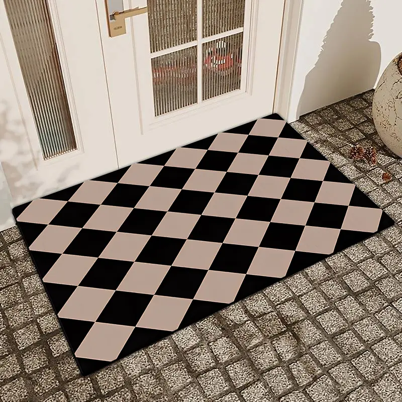 1 Pc Black Checkered Printed Door Mat With Linen Surface, Diatomaceous Earth, Anti Slip And Absorbent, Indoor And Outdoor Printed Door Mat, Kitchen, Dining Room, Bathroom, Bedroom Decoration, Holiday Home Decoration