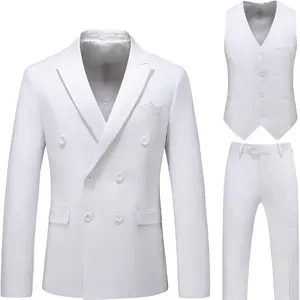 Men's 3 Piece Double Breasted Suit，Solid Jacket Vest Pants.