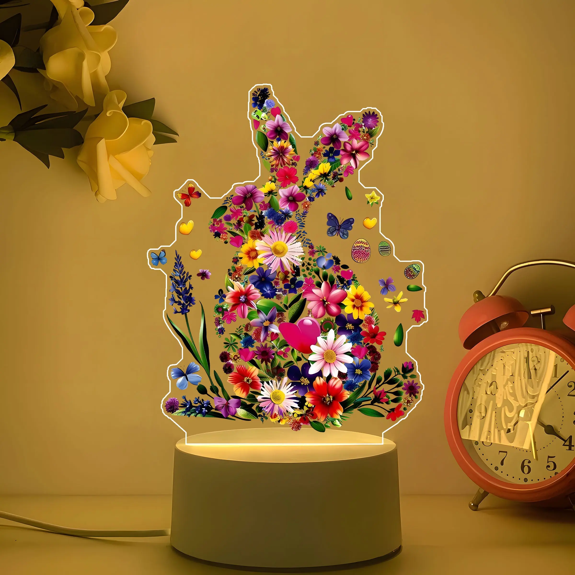 Easter Bunny Night Light, Acrylic Full Print Cluster, Cute Rabbit Outline, Warm Light, USB Plug & Play, Switch Control, Desk Decoration