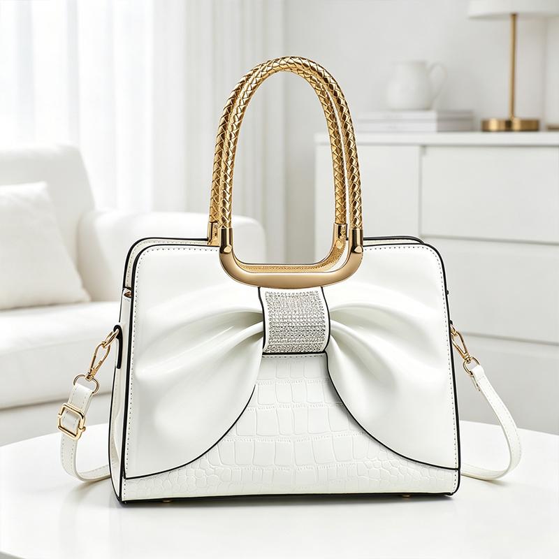 Women’s glossy leather handbag with top handle — medium-structured shoulder/handbag with adjustable strap
