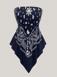 Plus Size Women's Strapless Towel Print Top, Ruffled Bohemian Style Pleated Hem Sleeveless Blouse, Casual Summer Fashion