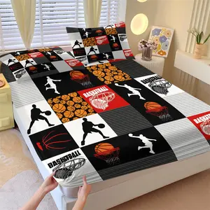Basketball Sports Theme Fitted Sheet Set & 2 Pillowcases No Core, Basketball Player Silhouette Stripes Text Element Grid Collage, Soft Non-Slip Anti-Wrinkle, Vintage Sport Style Bedroom Decor Gift Choice