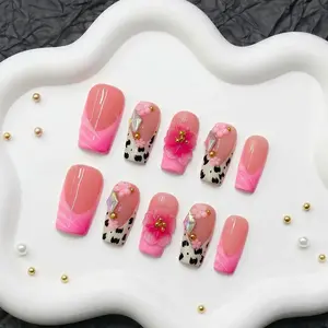 Divineluxe Nails｜10PCS 100% Handmade Press-On Nails｜Reusable Colorful Art Acrylic Stylish｜Pink Ombre & Cow Print 3D Flower｜D171 1.0 Inch