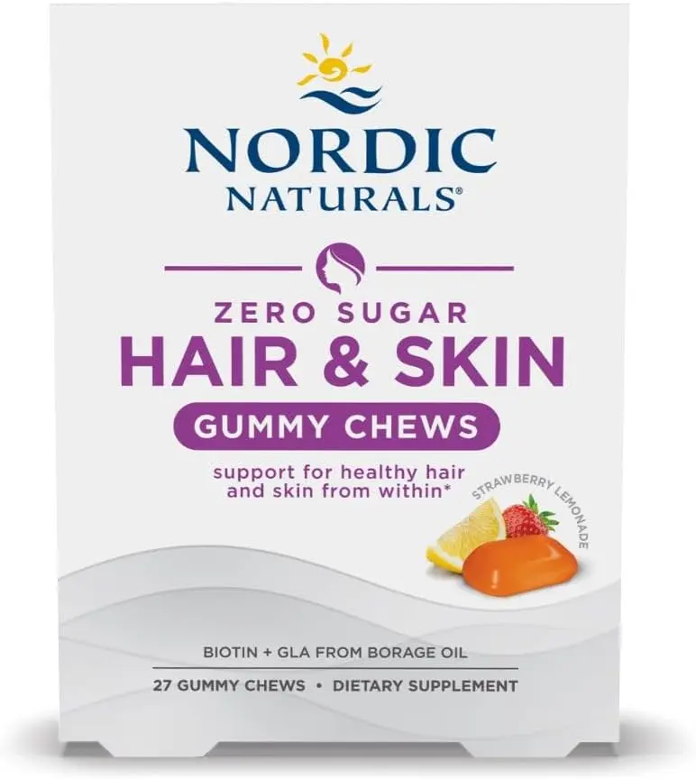 Nordic Naturals No Sugar Hair & Skin Gummy Chews, Strawberry Lemonade - 27 Gummy Chews - 27 Servings