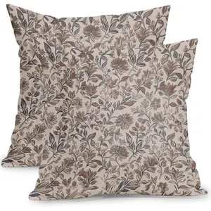 Ancordivo Vintage Floral Pillow Covers 18x18 Inch Set of 2 Antique Flower Block Print Throw Pillow Covers Brown Neutral Traditional Square Cushion Case Decoration for Couch Home Decor