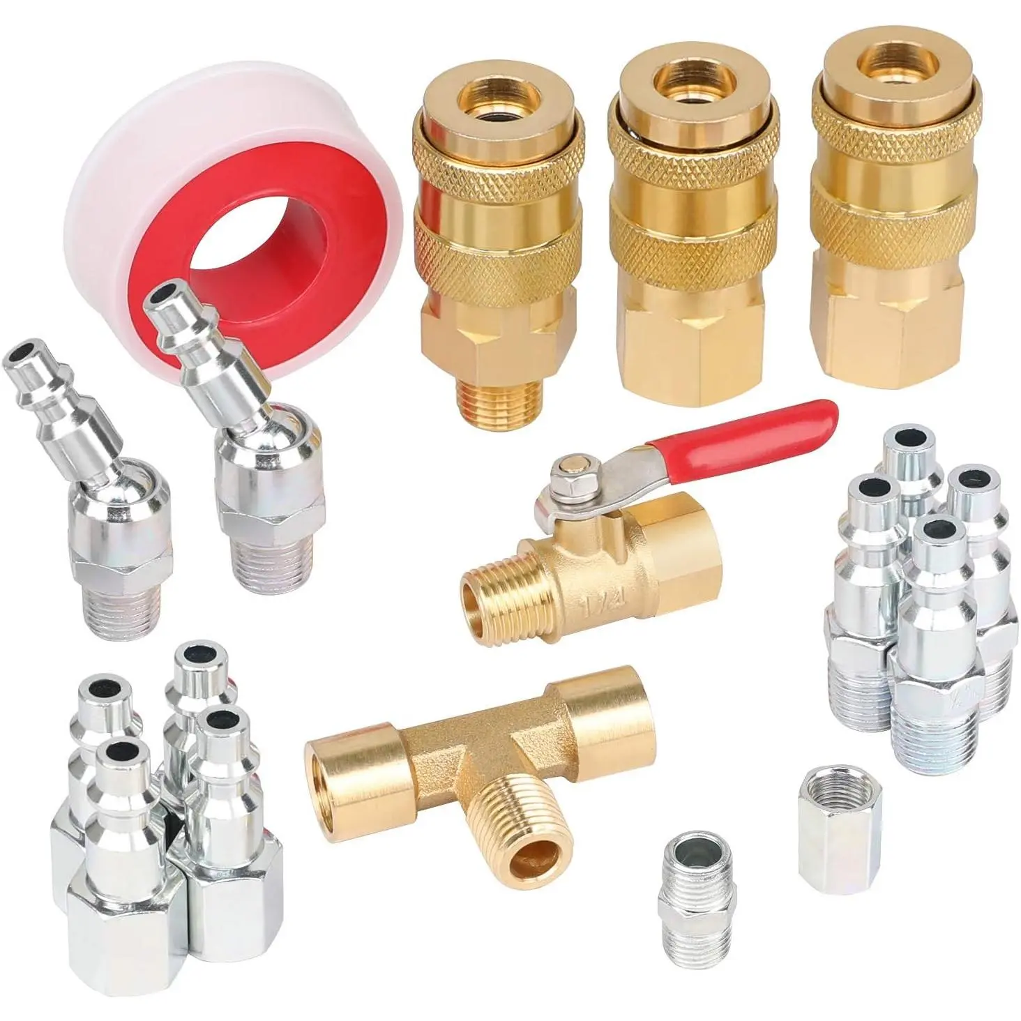 18 count Air Coupler and Plug Kit, 1/4-Inch NPT Air Hose Fittings and Compressor Accessories with Universal Quick Coupler, Brass Ball Valve, Swivel Air Plug and Tee Pipe Fitting