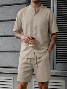 Men's summer casual linen suit, short-sleeved shirt and shorts Set, regular fit, comfortable and breathable, fashion, suitable for vacations and daily casual wear, commuting workwear, outdoor sports clothing