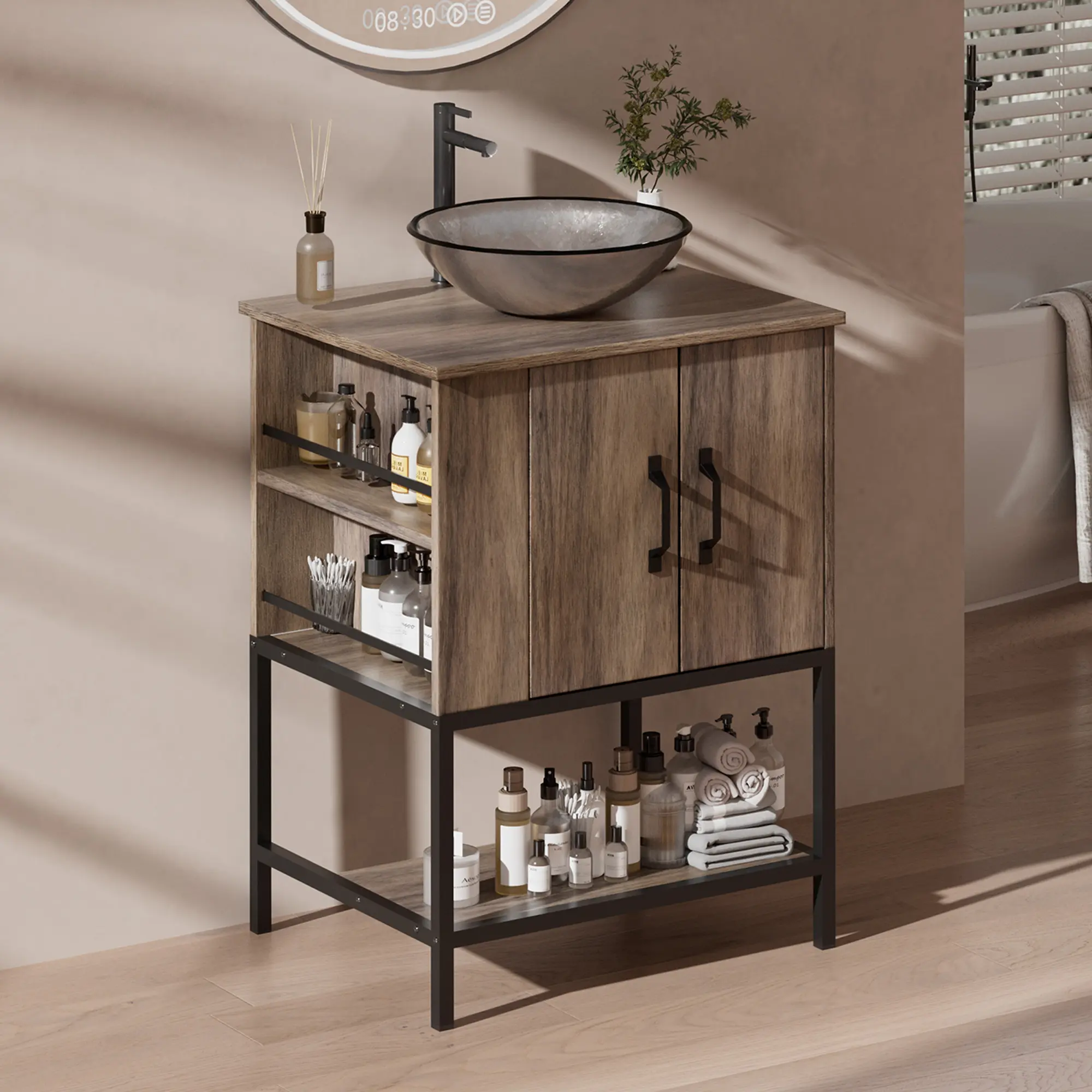 VNN Small Bathroom Vanity with Sink - 24 Inch Vanity with Sink, Freestanding Cabinet with Open Shelf, Modern Iron Wood Bathroom Cabinet with Countertop Tempered Glass Vessel, Grey