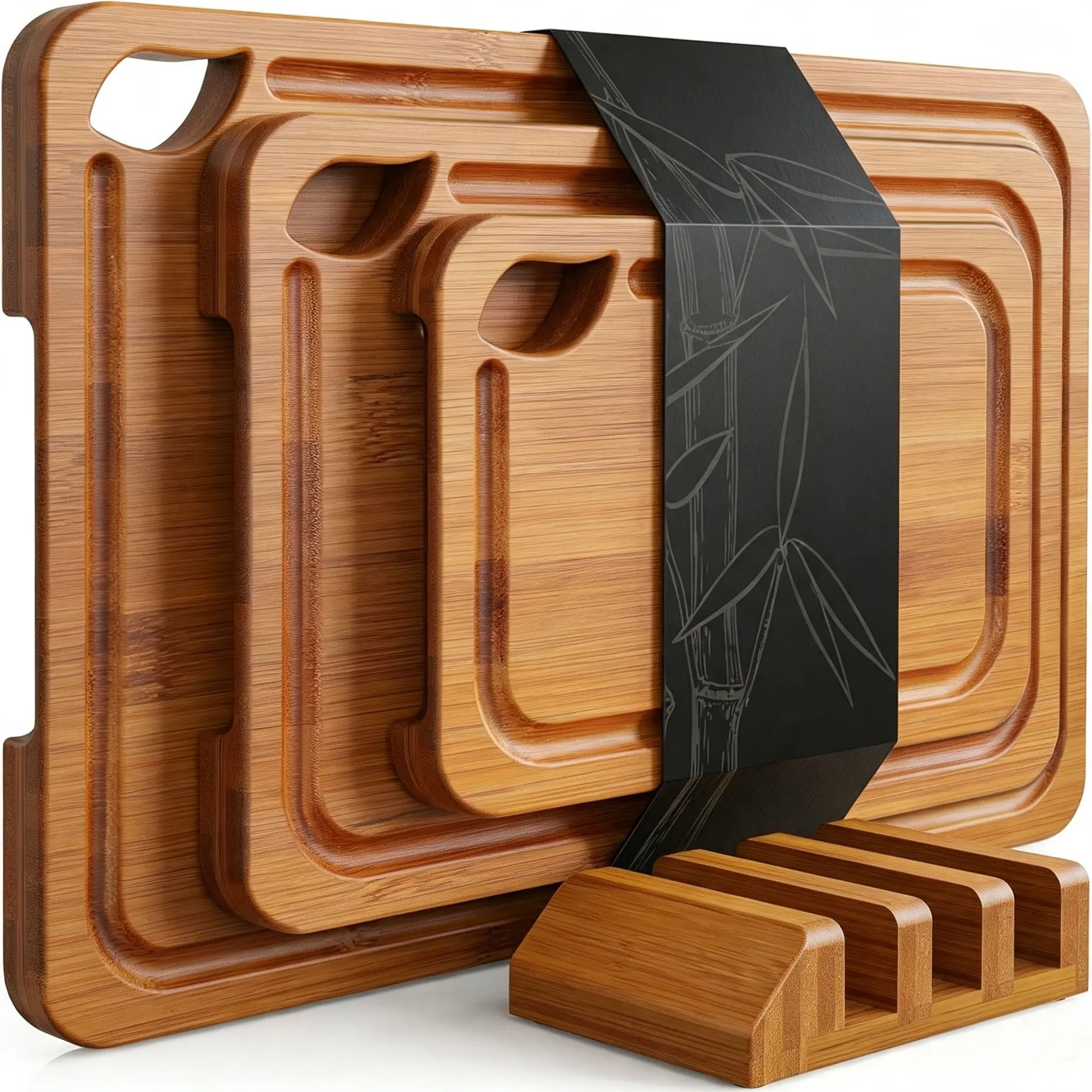 4-Piece Bamboo Chopping Board Set with Holder - Food-Grade Wooden Chopping Board, Durable Eco-Friendly 3-Size Kitchen Supplies for New Home Setup, Steak & Vegetables, Cooking Cutting Board