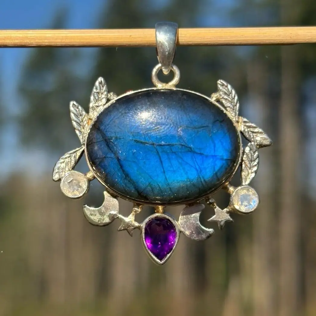 Sterling Silver Handmade Blue Labradorite Pendant with Rainbow Moonstones, Amethyst, Stars and Moons