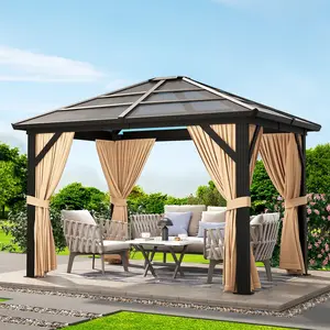 Garvee 10'x12' Hardtop Gazebo, Heavy Duty Aluminum Metal Outdoor Permanent Gazebo with Curtains and Netting, Polycarbonate Garden Tent for Patio, Lawn
