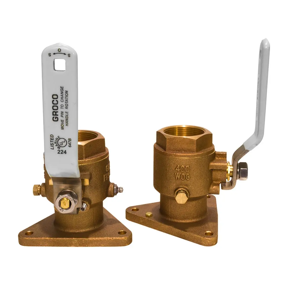 Groco FBV-2000 2 in. Bronze Tri-Flanged Ball Valve & Seacock - Square Hole, Bonding Attachment, Chrome Finish, Drain Plug, PTFE Seats & Seals, Ratchet, Stainless Steel Triangular Base for 1-1/4"+ Plumbing Apps