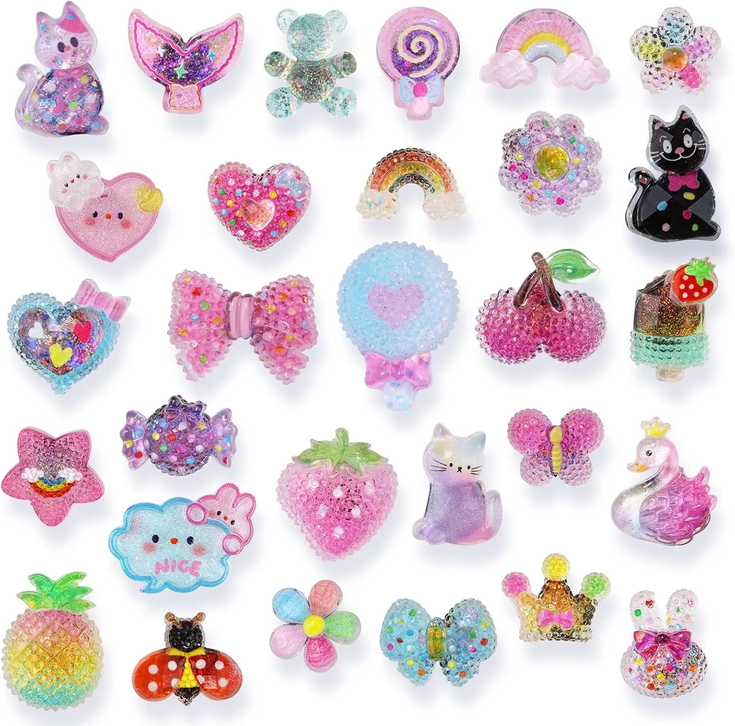 30PCS Cute Shoe Charms Kit, Resin Flower Gummy Bear Fruit Rainbow Clog Decoration Pins, Kawaii Sandals Accessories for Women Girls Gift