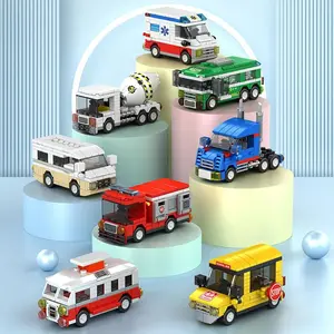 flash cards Show Small particle building block city vehicle model, school bus, fire truck, ambulance, business car, holiday gift for friends