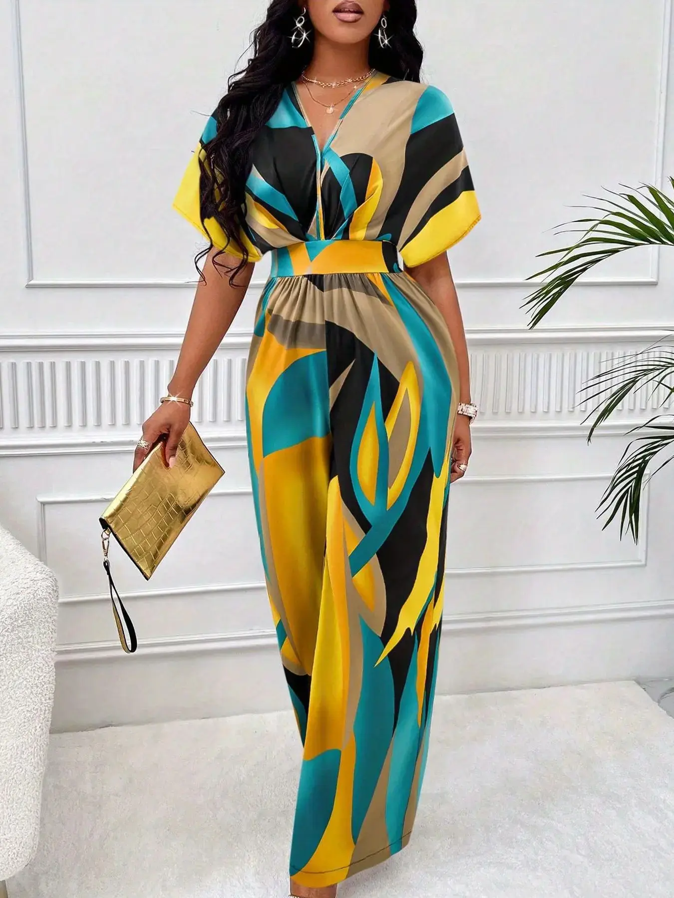 Women's Batwing Sleeve Waist Cinched Jumpsuit V Neck Colorblock Geometric Print Wide Leg Non-Elastic Casual Vacation Wear, Summer Fashion Smooth Fabric