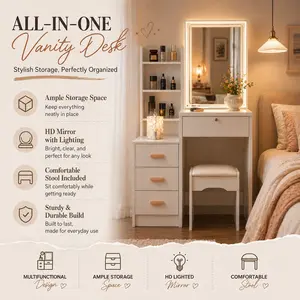 【Mother's Day Gift】Compact Dressing Vanity with 3-Tone LED Mirror & Storage | Small Space Makeup Desk for Renters, Dorms & Apartments | Minimalist Home Decor & Vanity Organizer furniture tiktokshopspringglowup