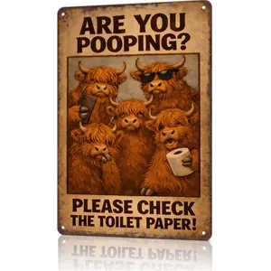 Rustic Design Vintage Highland Cow Aluminium Wall Metal Plaque, 8x12 Inch Funny "Are You Pooping? Please Check The Toilet Paper" Bathroom Room Decor for Highland Cow Enthusiasts