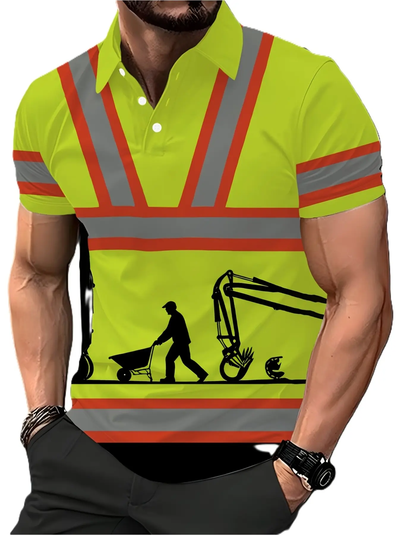 Engineering excavator print. Men's Polo shirt, with a peaked collar and short sleeves in contrasting color combination. Suitable for all seasons and featuring a workwear style. Perfect for construction workers and excavator drivers.