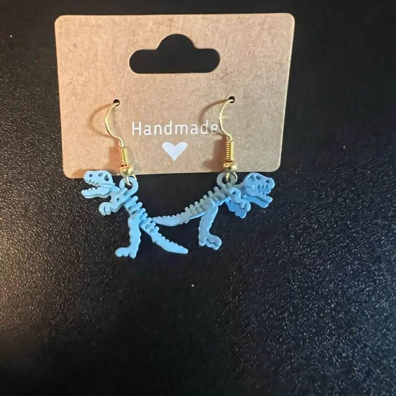 Handmade Blue Dino Skeleton Earrings - Unique Handcrafted Design