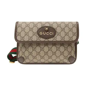 Gucci Neo Vintage Distressed Gold-Embossed Monogram Canvas and Leather Crossbody Bag for Men with Tiger Head Stripe Strap, Ebony and Brown