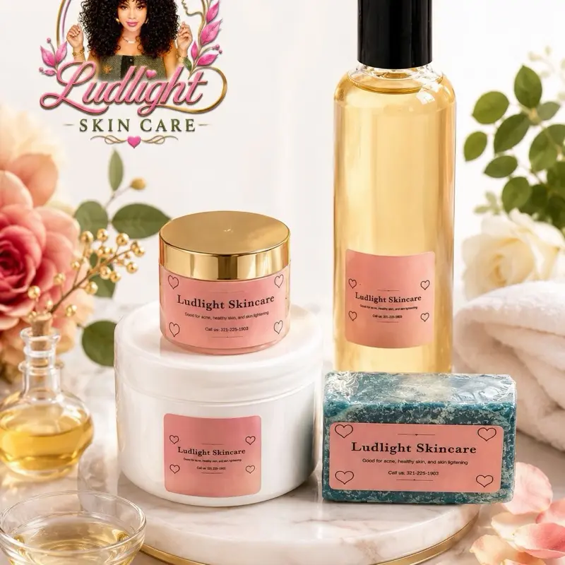 Ludlight Skincare Semi-Big Set with Cleanser - Anti-Aging Hydrating Formula for Adults, Supports Skin Repair & Smooth Complexion, 8 oz Body Cream, 12 oz Bomb Body Oil, 2 oz Face Cream, 1 Soap