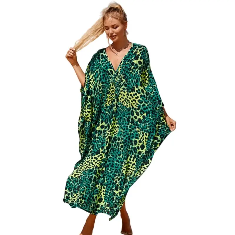 Women's Plus Size Caftan Dress, Soft Viscose Fabric, V-Neck Muumuu with Ethnic Prints, Lightweight Swimsuit Cover Up and Loungewear, Side Slits, All Over Print