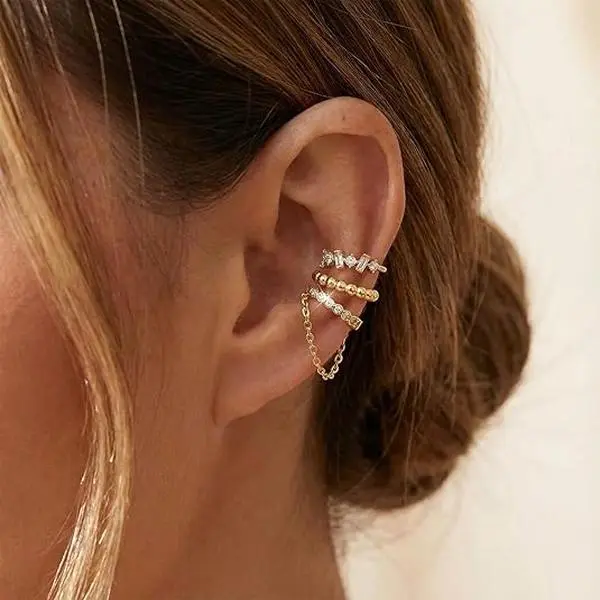 Virelyn B Ear Cuffs Non Piercing Ear Cuff for Women Clip on Huggie Hoop Earrings Gold Fake Earring Cuff with Chain Clips Minimalist Jewelry