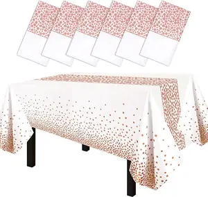6 Packs 54"x108" Rose Gold Wave Point White Disposable Plastic Table Cover Waterproof Tablecloths for Rectangle Tables up to 8 ft in Length Party Decorations