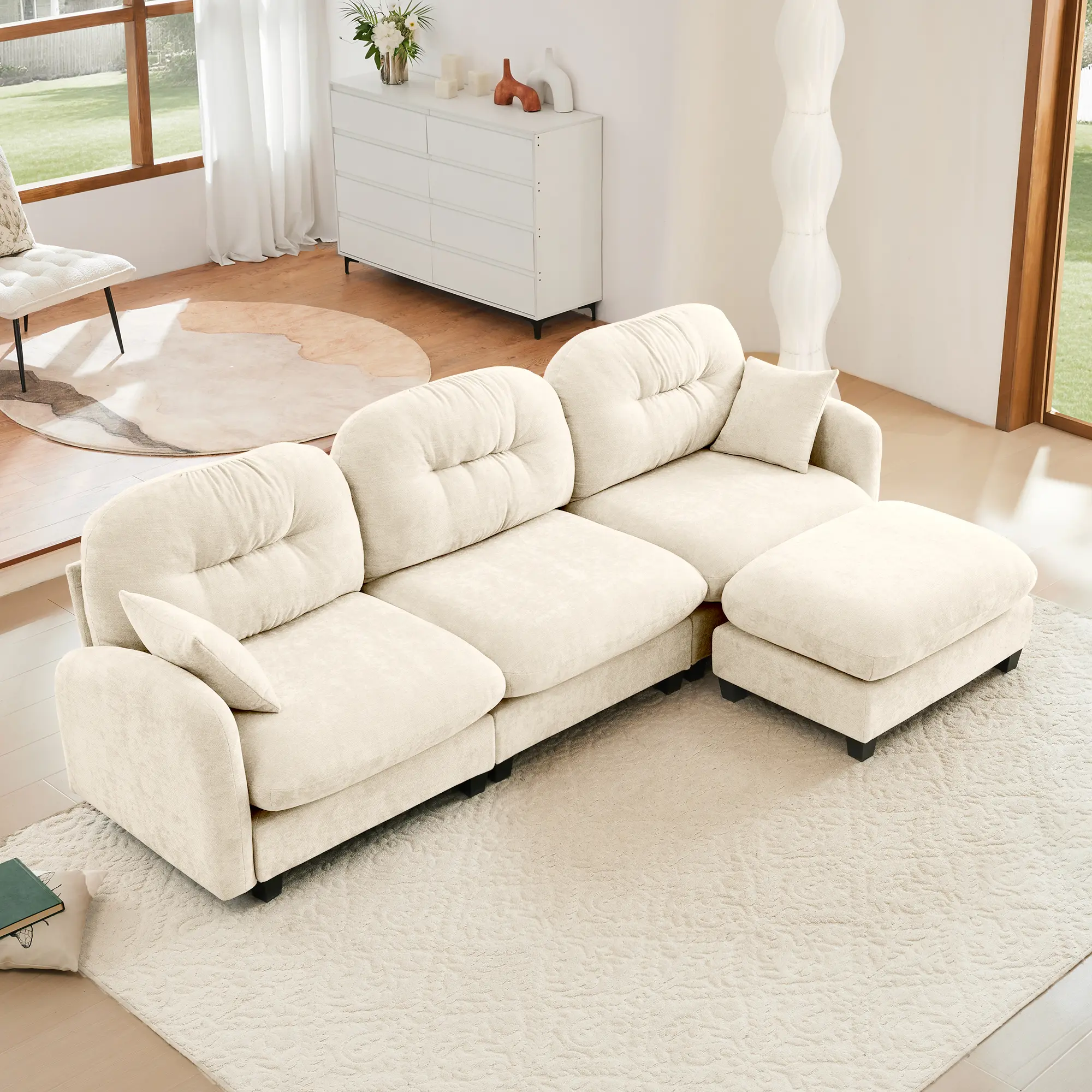 Modular L Shaped Sectional Sofa with Ottoman and Tufted Backrest | Premium Chenille Fabric Upholstered Couch | Ergonomic Design Easy Install | Versatile Seating for Living Room, Bedroom, Reading Nook | Deep Seat Modular Sectional