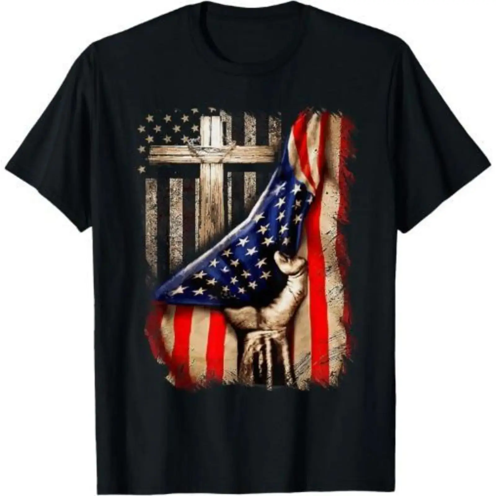 Vintage Mens Faith Over Fear Christian Cross American Flag T-Shirt Made in USA