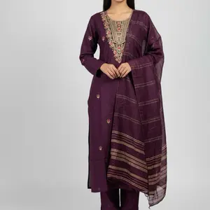 Silk Kurta Set Simple Elegant Perfect for Any Occasions with Embroidered Details and Striped Dupatta Womenswear