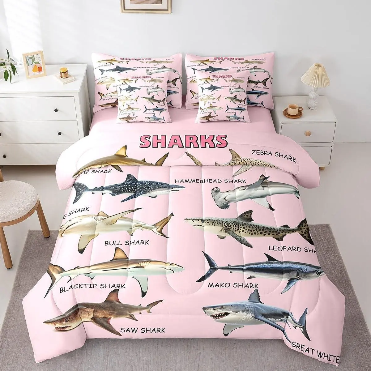 Feelyou Girls' 7-Piece Queen Size Comforter Bedding Set - Pink Wild Sealife Sheets, Fishing Theme Pillow Covers, Summer Decor Bed-in-a-Bag, Comforter Queen Size