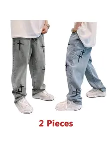 2 Pieces Casual Jeans for Men Grey And Blue Loose Straight Leg Star Embroidered Men's Jeans Fashion Menswear Denim Pants Streetwear