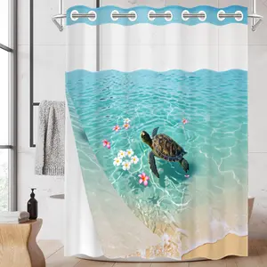 1 Pack No Hook Double Layer Shower Curtain, Beach Turtle & Plumeria Print Bath Curtain, Waterproof, Mildew Resistant, Durable Fabric, Coastal Home Decor, Removable Liner, Top See-Through Window, Partition Curtain 71"×74"