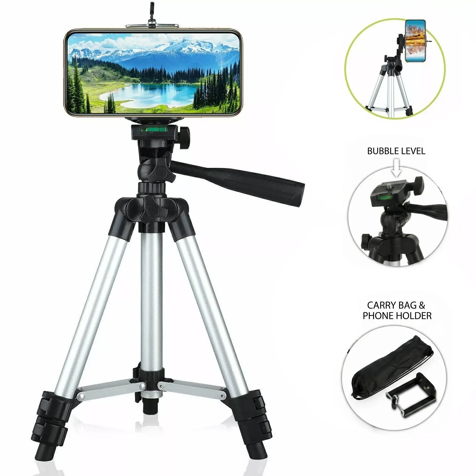 Phone Tripod, Lusweimi 44-inch iPhone Tripod with Phone Holder Mount/Wireless Remote for Cell Phone/Camera/Webcam/GoPro, Tabletop Lightweight Tripod for iOS/Android/Smartphone Portable Selfie