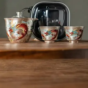 Silver-plated Travel Kung Fu Tea Set Ceramic Silver Cup and Pot Portable Outdoor Tea-Making Set with Dragon Design